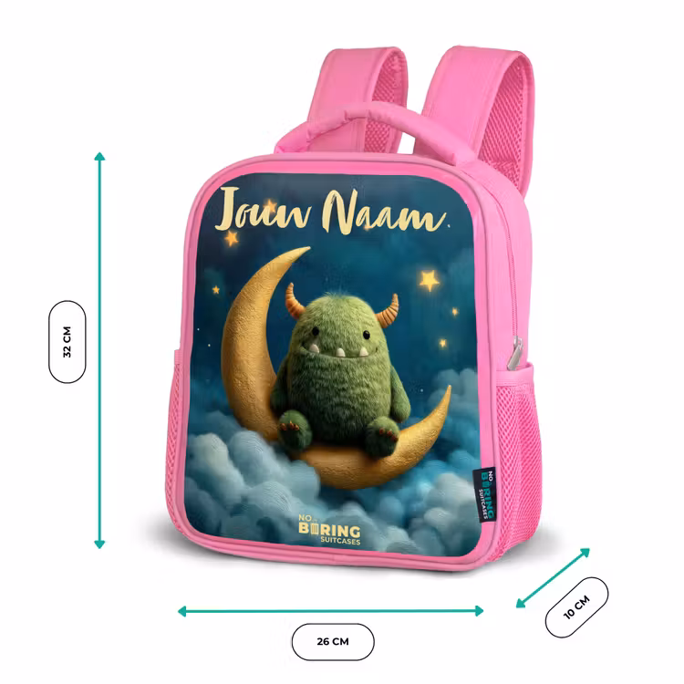 Kinderrugzak met naam - Roze - Groen monster op maansikkel — 3