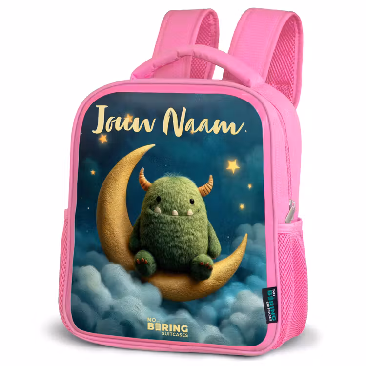 Kinderrugzak met naam - Roze - Groen monster op maansikkel — 4