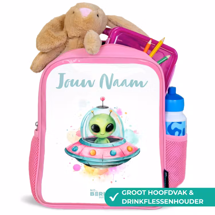 Kinderrugzak met naam - Roze - Groene alien in kleurrijke UFO — 2