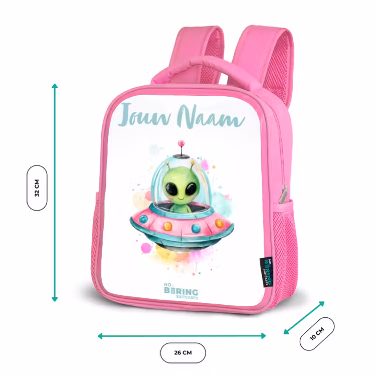 Kinderrugzak met naam - Roze - Groene alien in kleurrijke UFO — 3