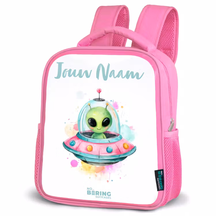 Kinderrugzak met naam - Roze - Groene alien in kleurrijke UFO — 4