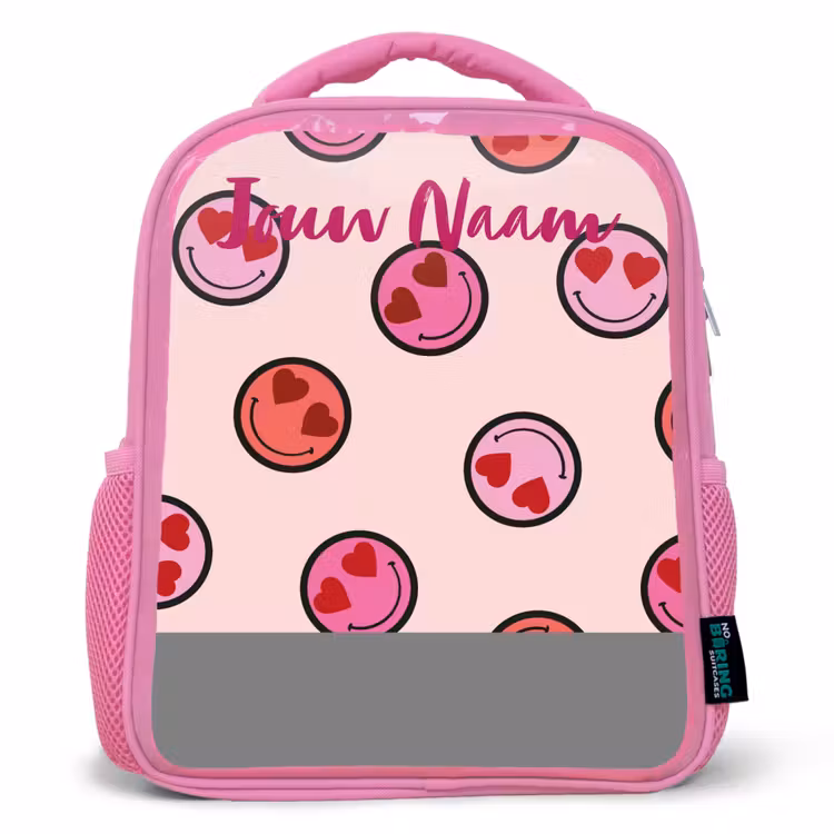Kinderrugzak met naam - Roze - Hartje - Smiley - Patroon — 1