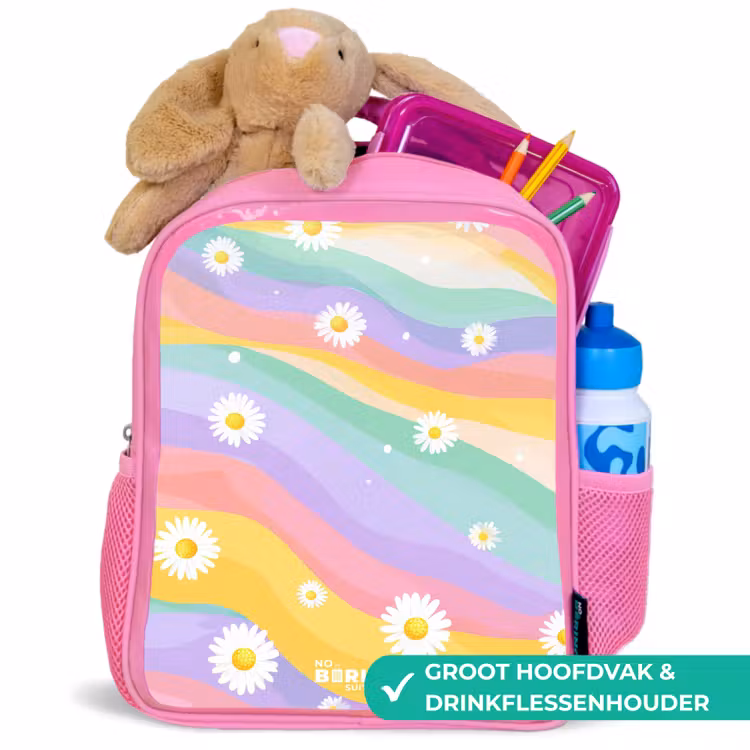 Kinderrugzak - Roze - Madeliefjes op regenboogachtergrond — 2