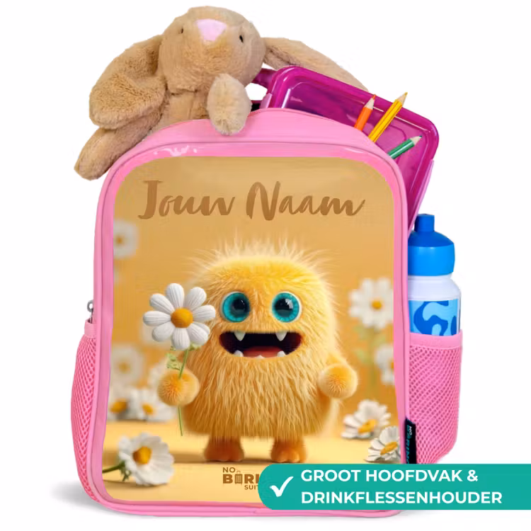 Kinderrugzak met naam - Roze - Monster - Wezen - Bloem - Geel — 2
