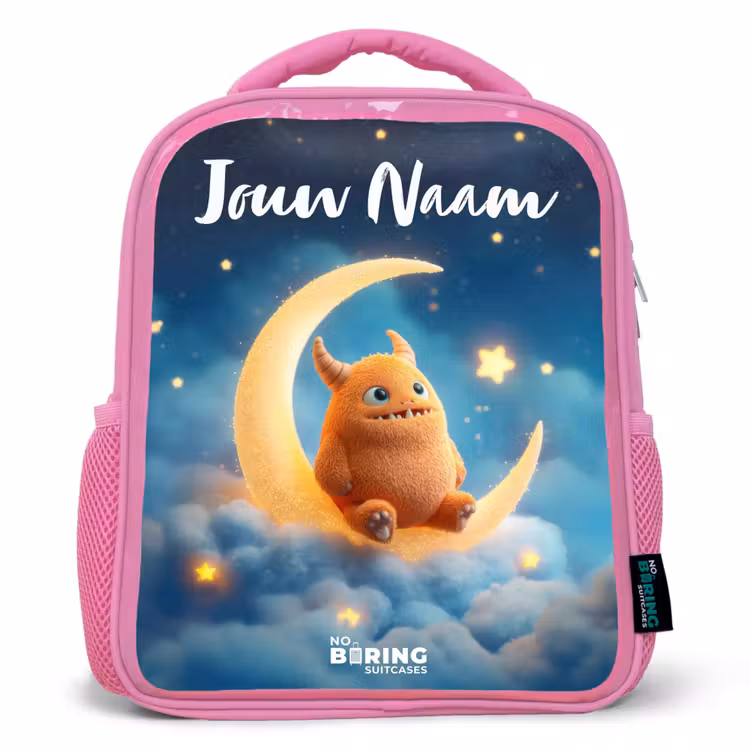 Kinderrugzak met naam - Roze - Oranje monster op maansikkel — 1