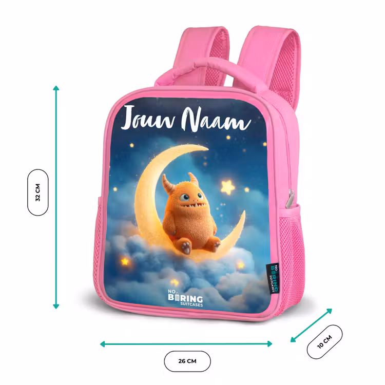 Kinderrugzak met naam - Roze - Oranje monster op maansikkel — 3
