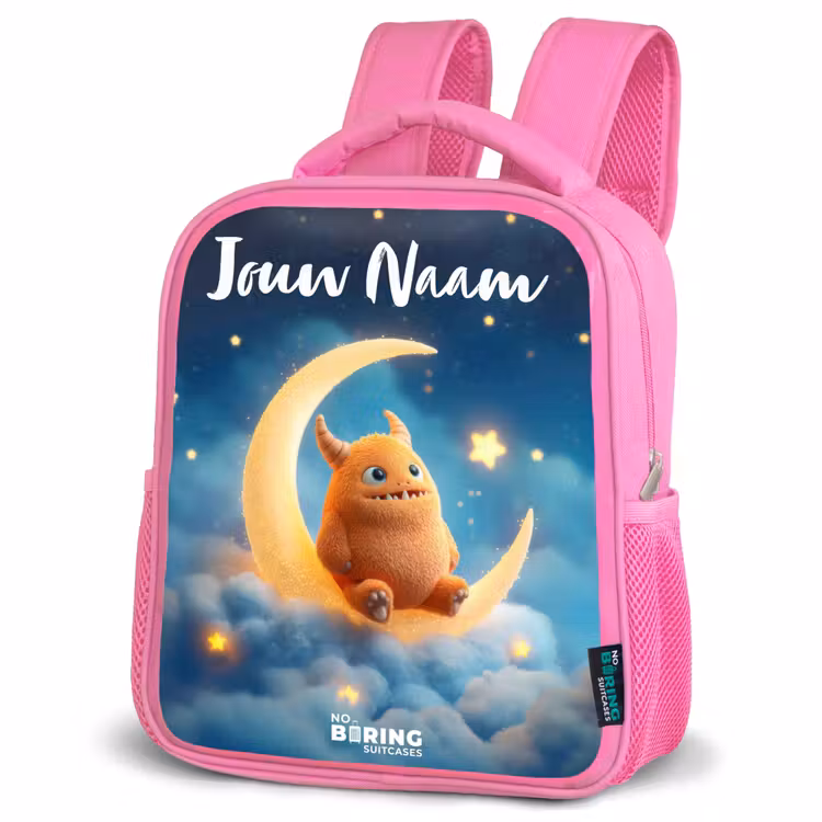Kinderrugzak met naam - Roze - Oranje monster op maansikkel — 4