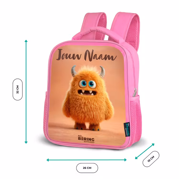Kinderrugzak met naam - Roze - Oranje Pluizig Monster met Hoorns — 3