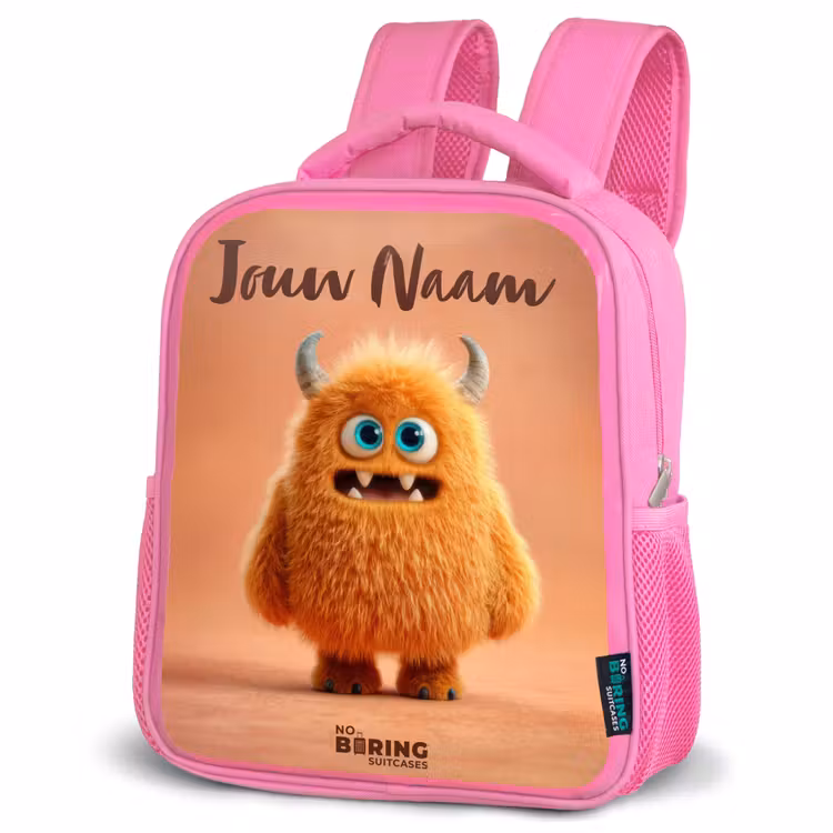 Kinderrugzak met naam - Roze - Oranje Pluizig Monster met Hoorns — 4