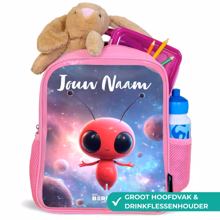 Kinderrugzak met naam - Roze - Rood Ruimtewezen in Kosmische Dans — 2