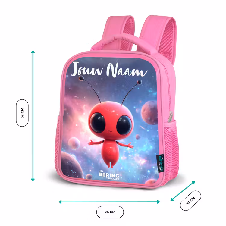 Kinderrugzak met naam - Roze - Rood Ruimtewezen in Kosmische Dans — 3