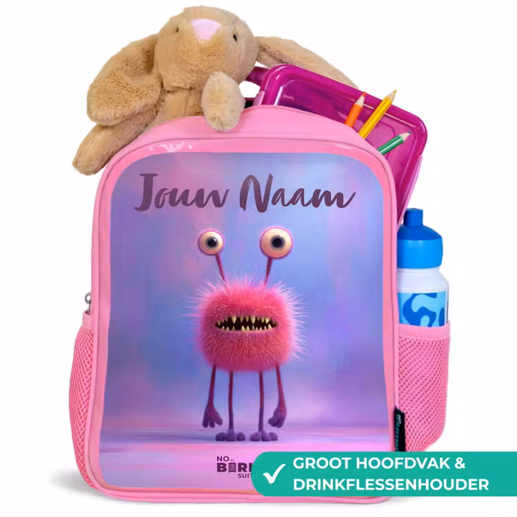 Kinderrugzak met naam - Roze - Roze harig monster met grote ogen β 2