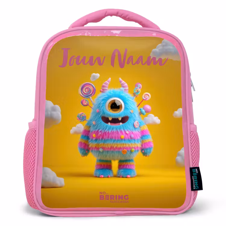 Kinderrugzak met naam - Roze - Snoep - Monster - Regenboog — 1