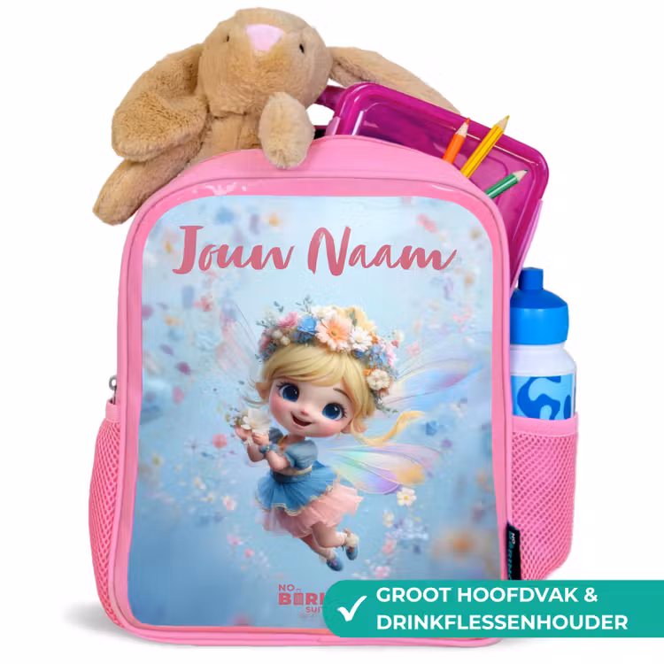 Kinderrugzak met naam - Roze - Vlinderfee in Bloemenlucht — 2