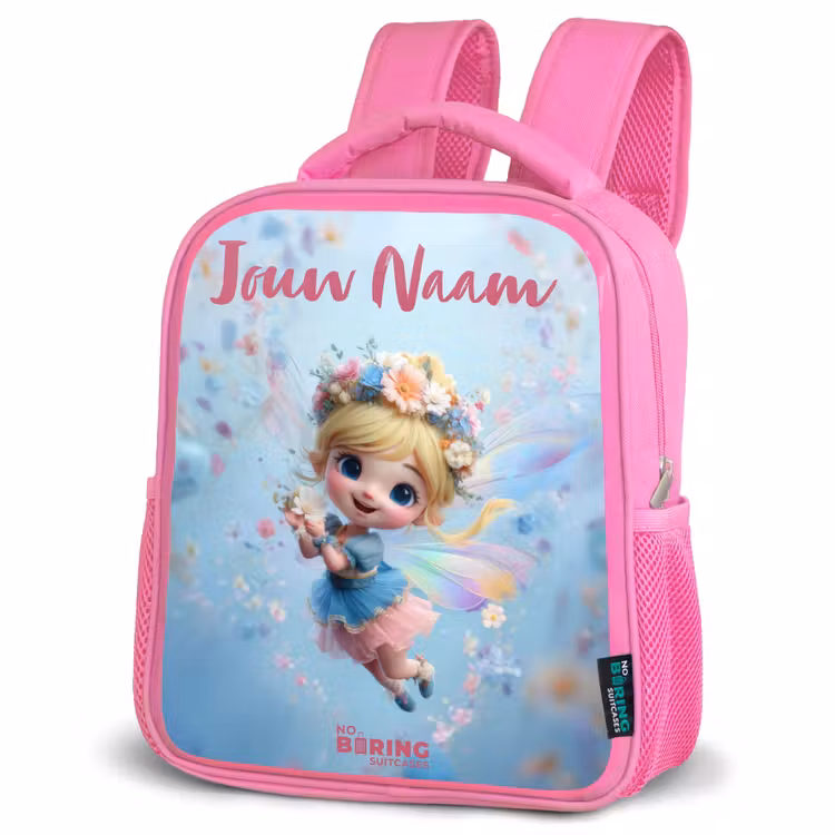 Kinderrugzak met naam - Roze - Vlinderfee in Bloemenlucht — 4