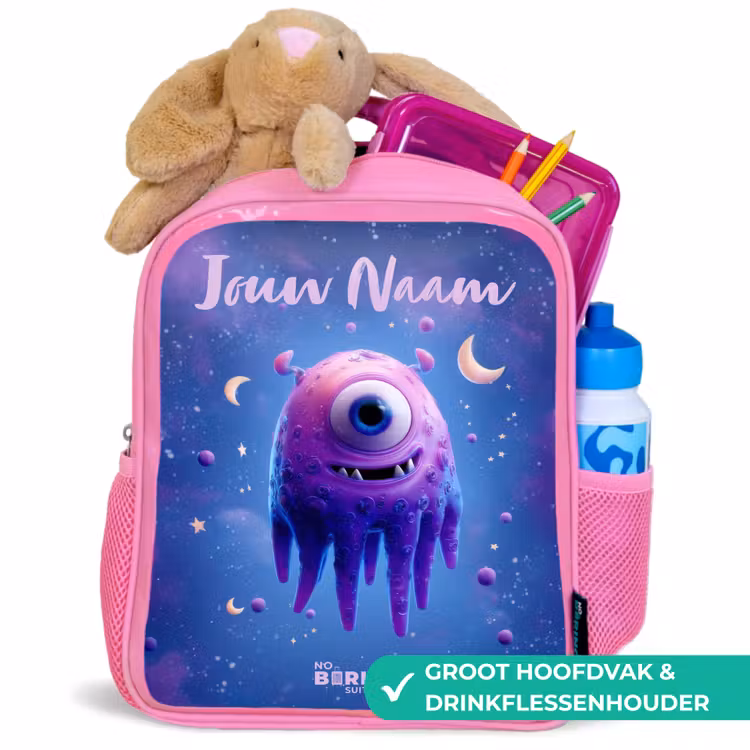 Kinderrugzak met naam - Roze - Vrolijk paarsoog in de ruimte β 2