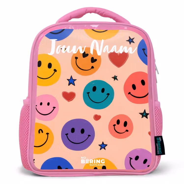 Kinderrugzak met naam - Roze - Vrolijk Smiley-patroon — 1