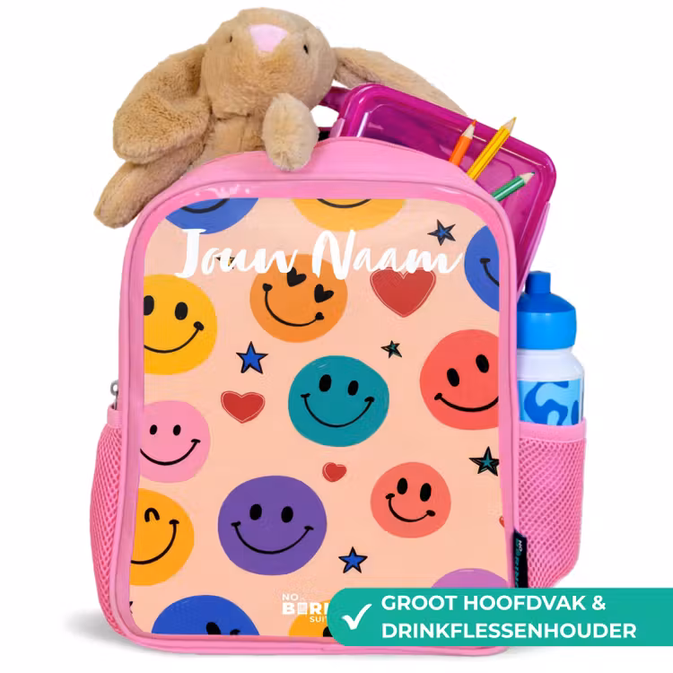 Kinderrugzak met naam - Roze - Vrolijk Smiley-patroon — 2