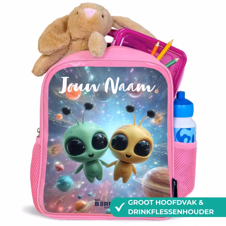 Kinderrugzak met naam - Roze - Vrolijke buitenaardse vrienden â 2
