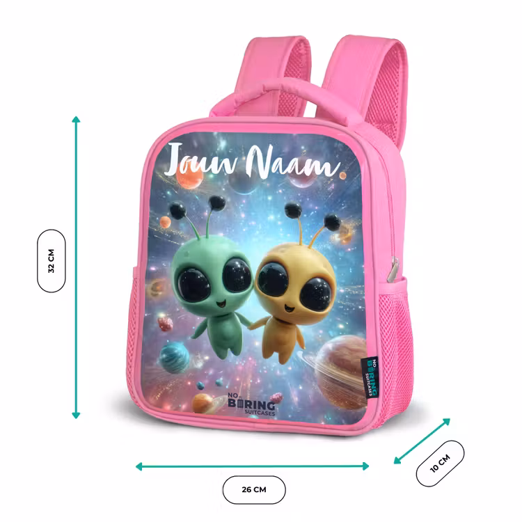 Kinderrugzak met naam - Roze - Vrolijke buitenaardse vrienden â 3