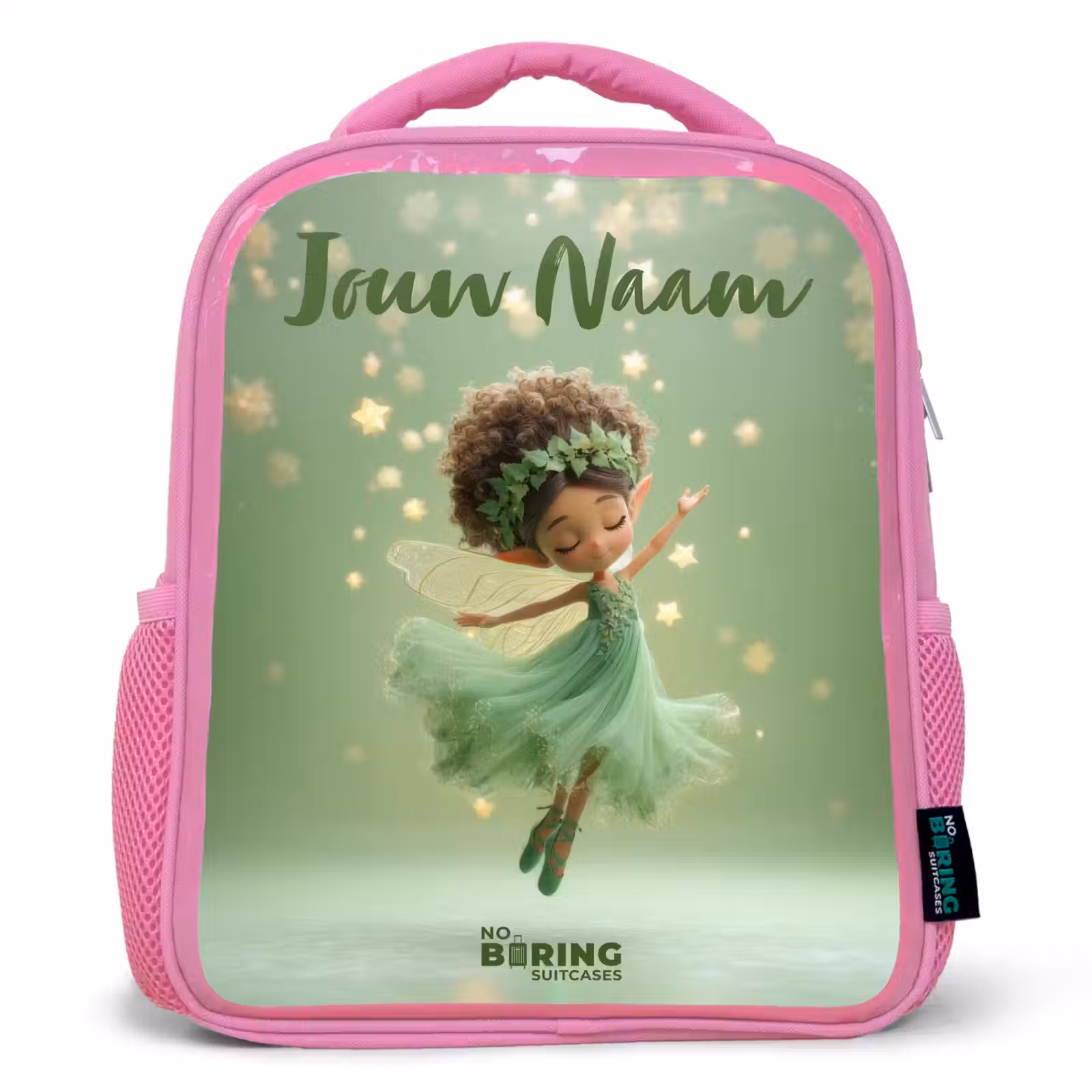 Kinderrugzak met naam - Roze - Dansende fee in groen licht — 1