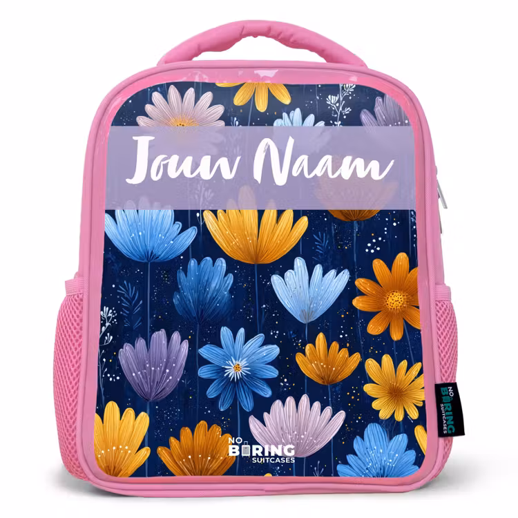 Kinderrugzak met naam - Roze - Bloemen - Patroon - Blauw β 1