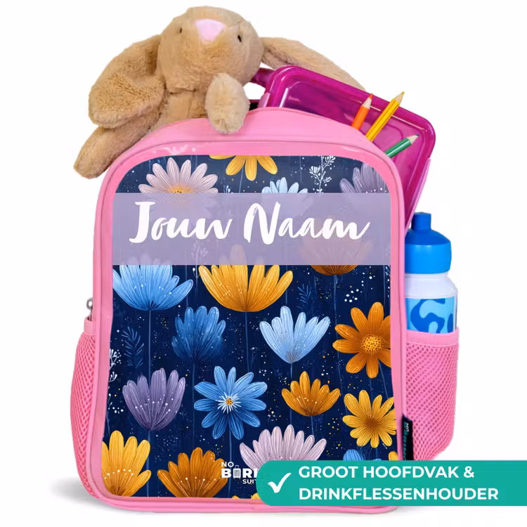 Kinderrugzak met naam - Roze - Bloemen - Patroon - Blauw β 2
