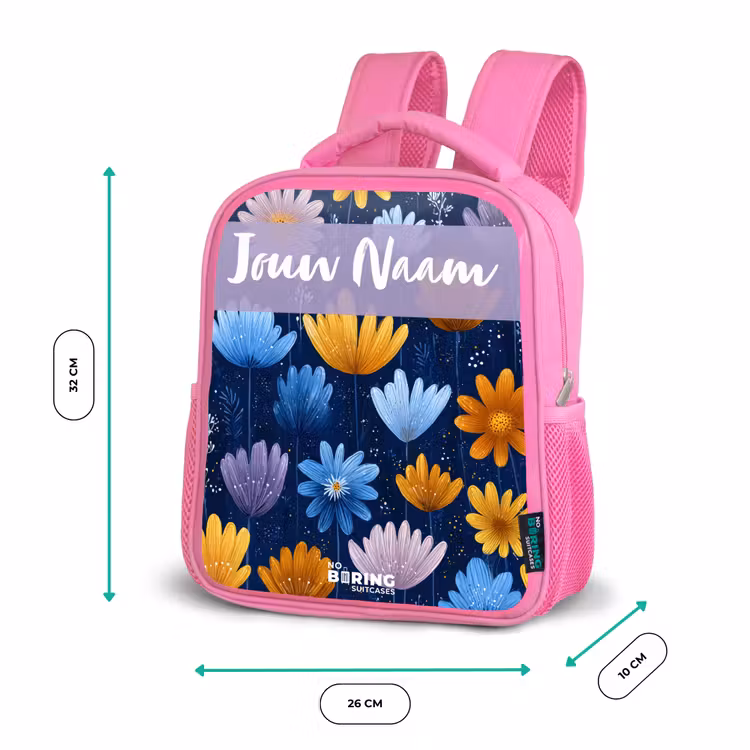 Kinderrugzak met naam - Roze - Bloemen - Patroon - Blauw β 3