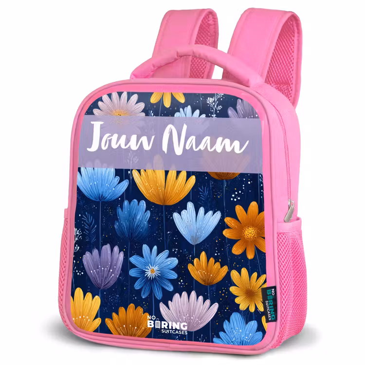 Kinderrugzak met naam - Roze - Bloemen - Patroon - Blauw β 4