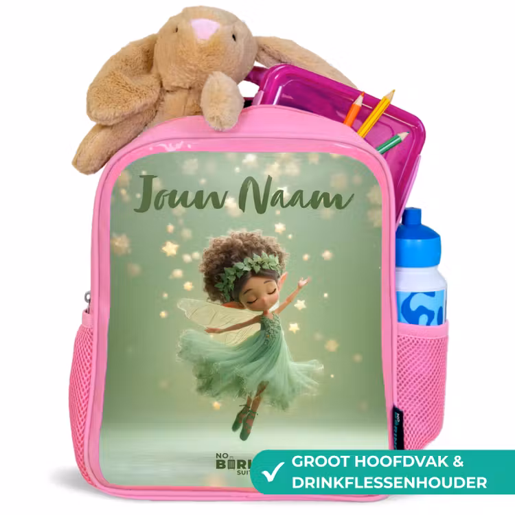 Kinderrugzak met naam - Roze - Dansende fee in groen licht — 2