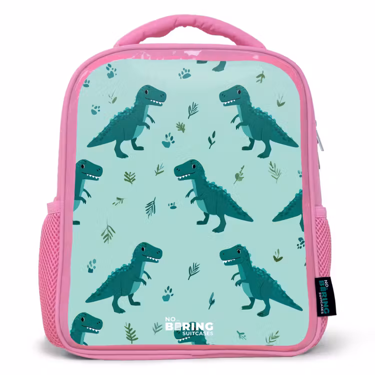 Kinderrugzak - Roze - Vriendelijke T. rex tussen sporen β 1