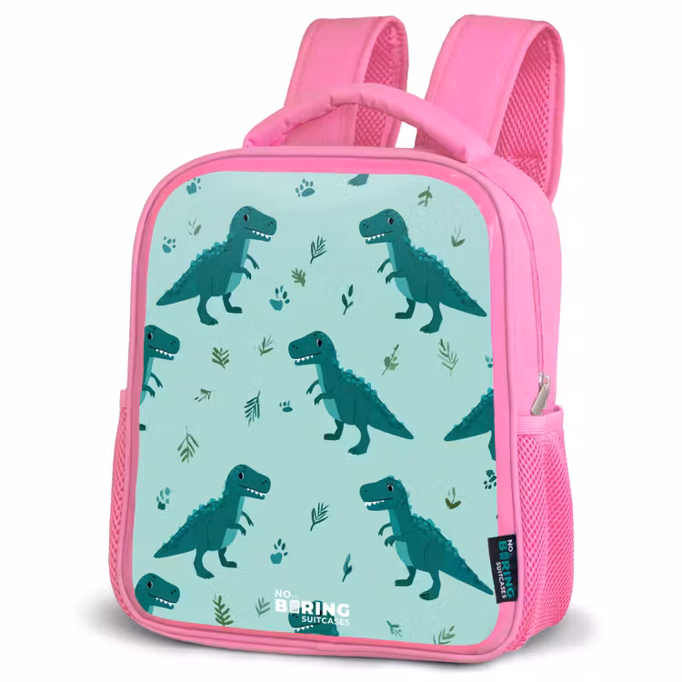 Kinderrugzak - Roze - Vriendelijke T. rex tussen sporen β 4