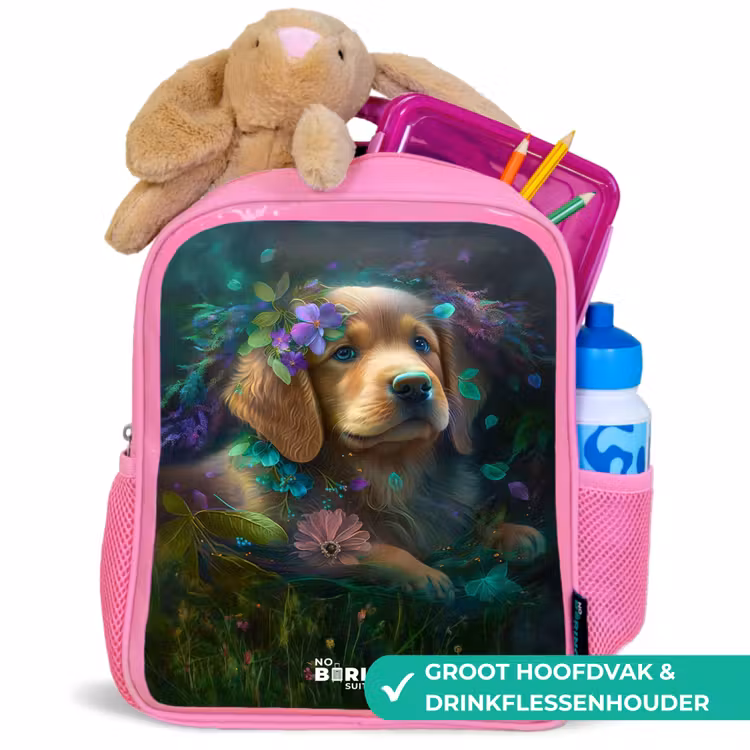 Kinderrugzak - Roze - Bruine hond tussen de bloemen — 2