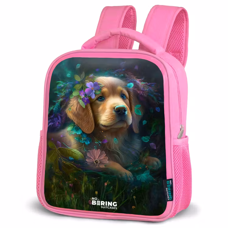 Kinderrugzak - Roze - Bruine hond tussen de bloemen — 4