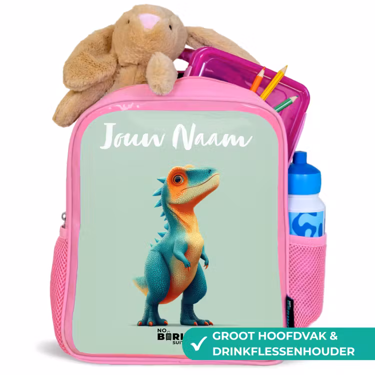 Kinderrugzak met naam - Roze - Dino - Dier - Groen - Oranje — 2