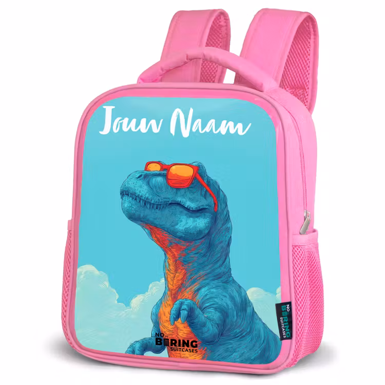 Kinderrugzak met naam - Roze - Dino - Zonnebril - Blauw β 4
