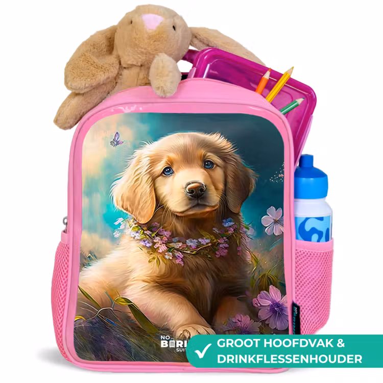Kinderrugzak - Roze - Goudkleurige puppy in het gras — 2