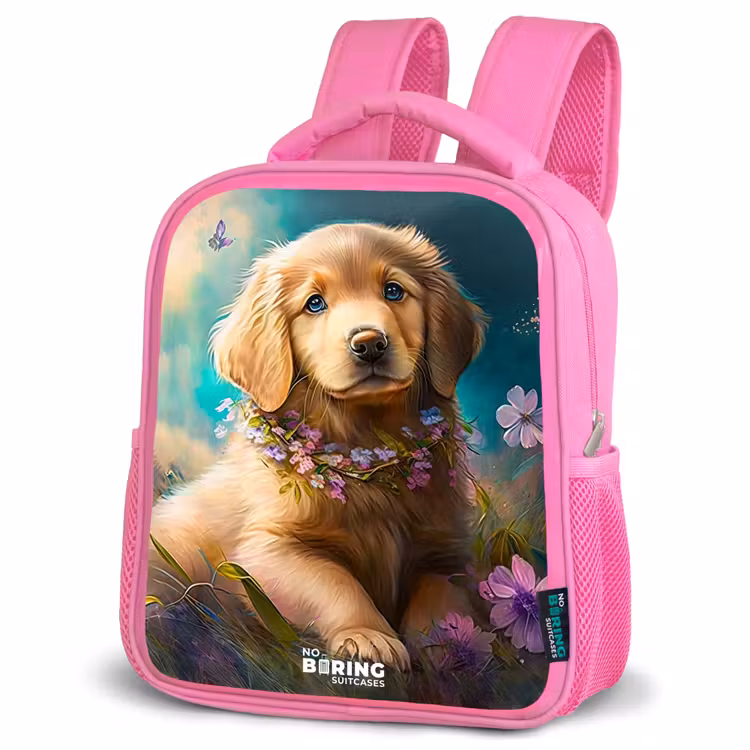 Kinderrugzak - Roze - Goudkleurige puppy in het gras — 4