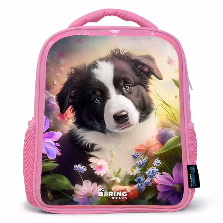 Kinderrugzak - Roze - Hond met blauwe ogen in een veld β 1