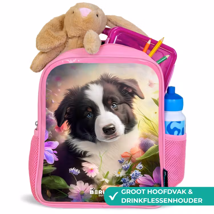 Kinderrugzak - Roze - Hond met blauwe ogen in een veld β 2