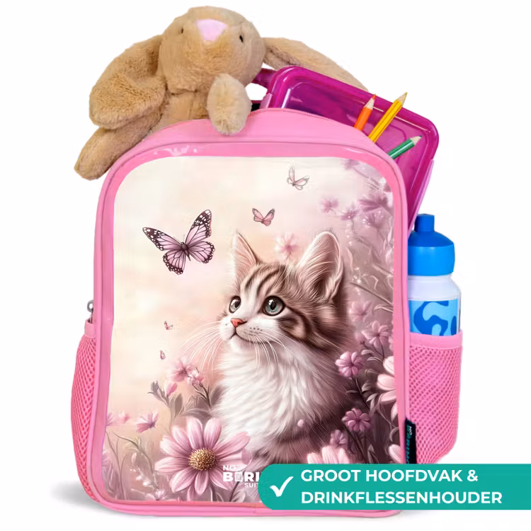 Kinderrugzak - Roze - Kat - Paars - Vlinders - Bloemen β 2