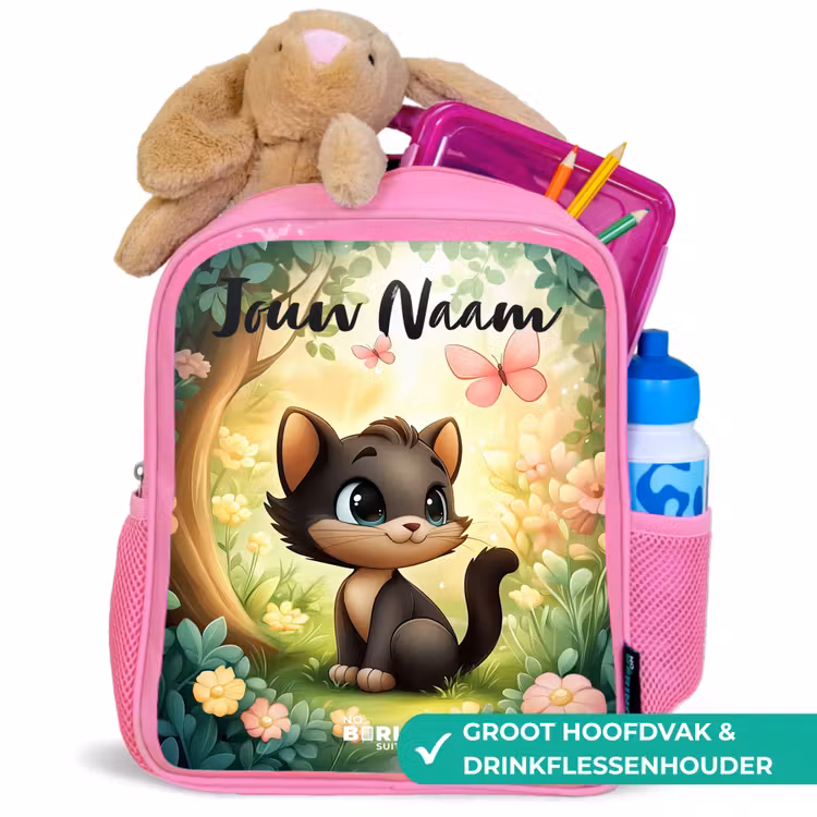 Kinderrugzak met naam - Roze - Kat - Vlinder - Bloemen — 2