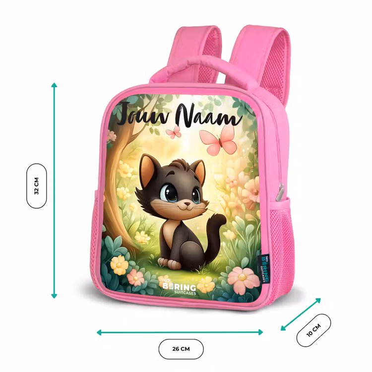 Kinderrugzak met naam - Roze - Kat - Vlinder - Bloemen — 3