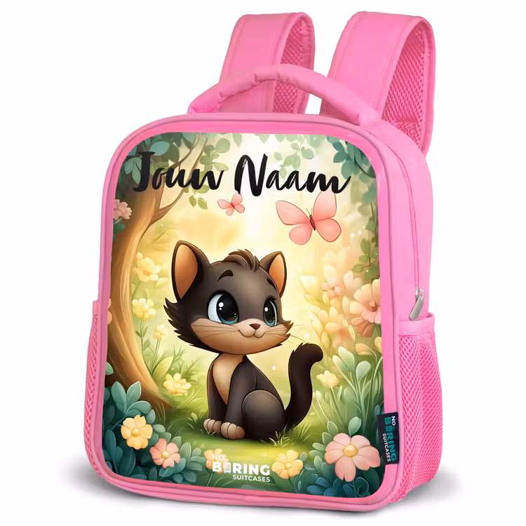 Kinderrugzak met naam - Roze - Kat - Vlinder - Bloemen — 4
