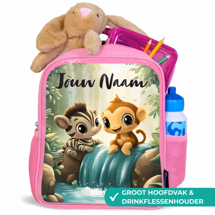 Kinderrugzak met naam - Roze - Zebra - Aapje - Waterval - Rotsen β 2