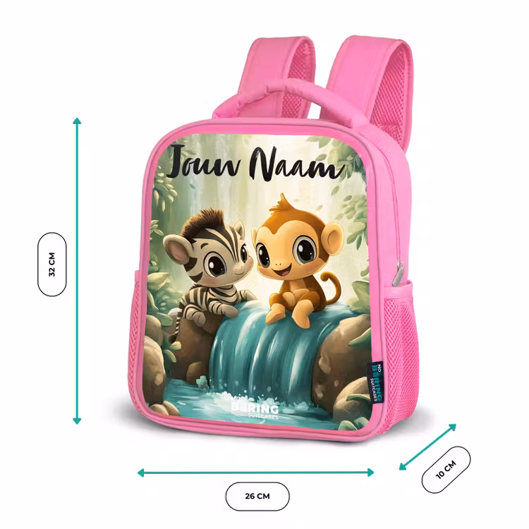 Kinderrugzak met naam - Roze - Zebra - Aapje - Waterval - Rotsen β 3