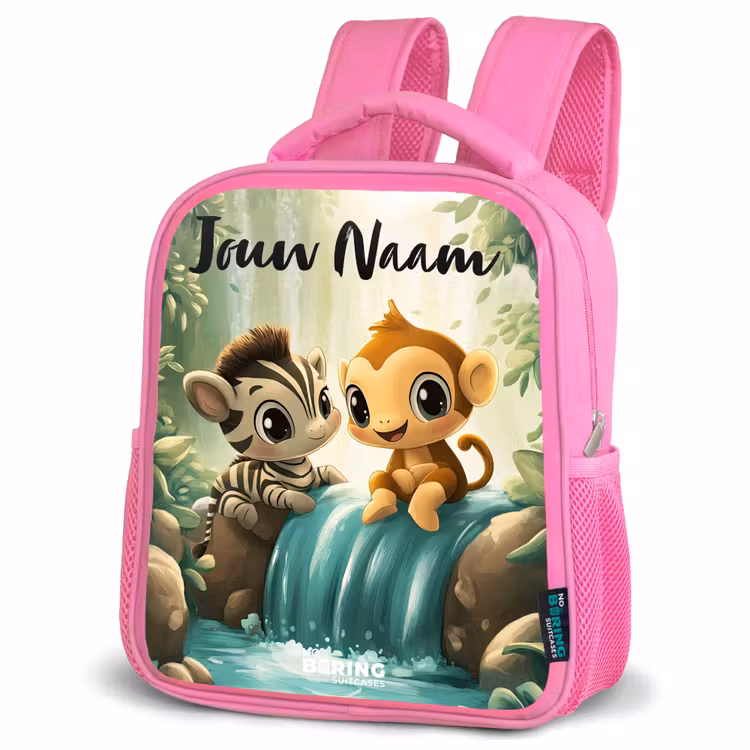 Kinderrugzak met naam - Roze - Zebra - Aapje - Waterval - Rotsen β 4