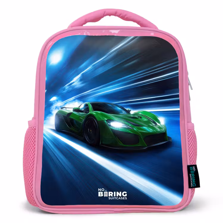 Kinderrugzak - Roze - Groene supercar flitst door neonlicht — 1