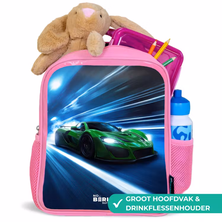 Kinderrugzak - Roze - Groene supercar flitst door neonlicht — 2