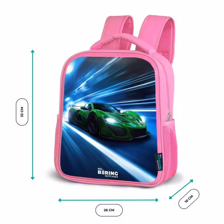 Kinderrugzak - Roze - Groene supercar flitst door neonlicht — 3